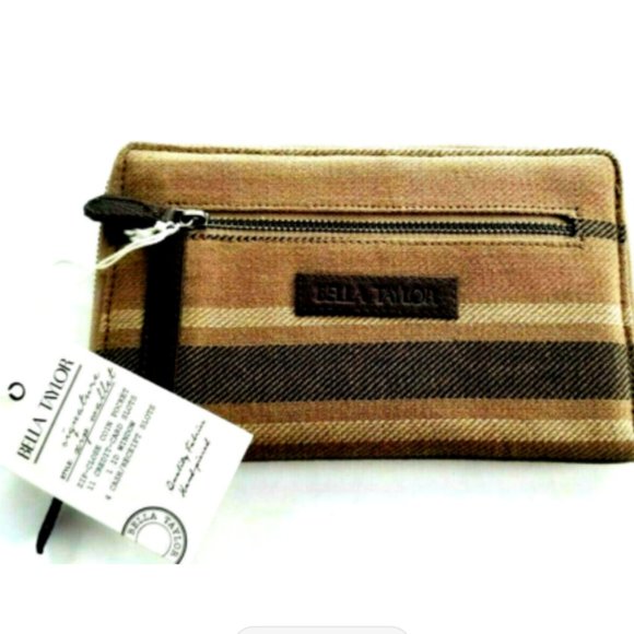 Bella Taylor Signature Zip Wallet NWT Brown Beige Leather Trim Elisha L 8 H 4.75 - Picture 1 of 5